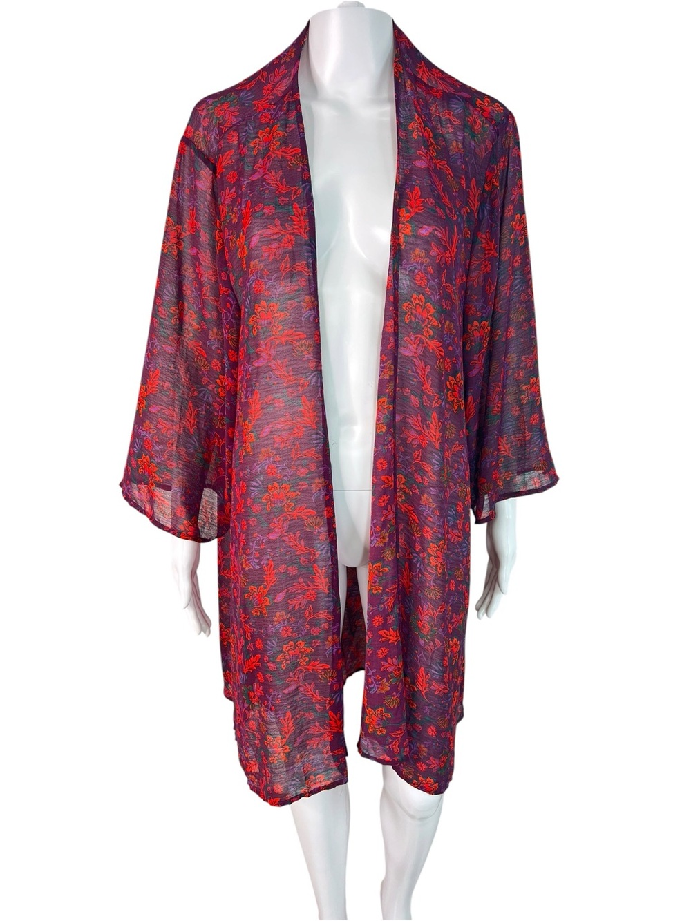 torrid Sheer Floral Kimono Duster Wrap Purple with Red Print